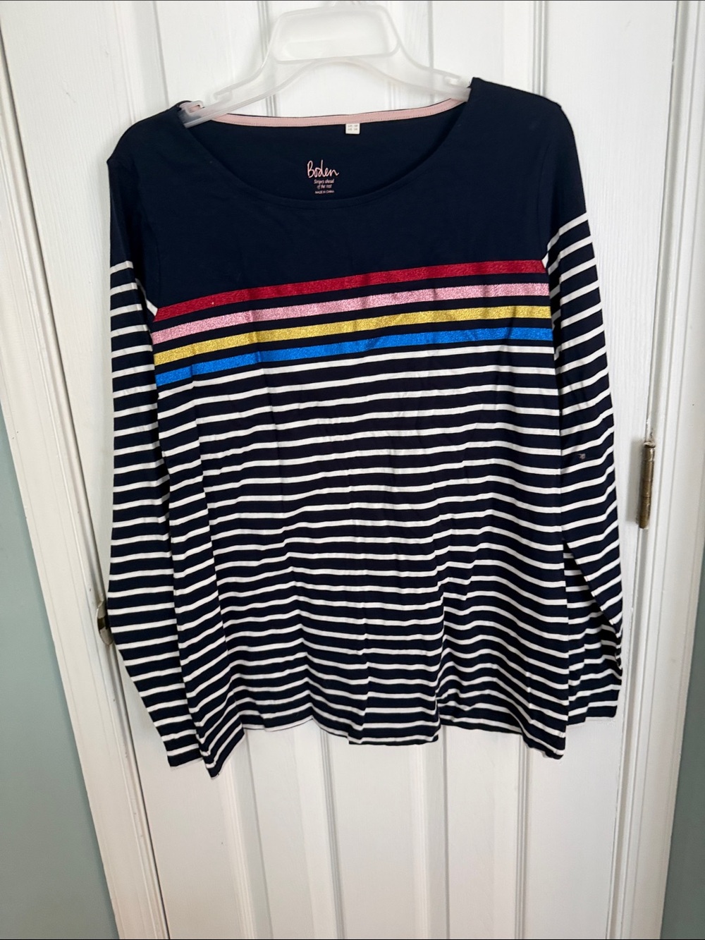 Boden Navy and White Striped Long-Sleeve Top with Multicolor Glitter Bands